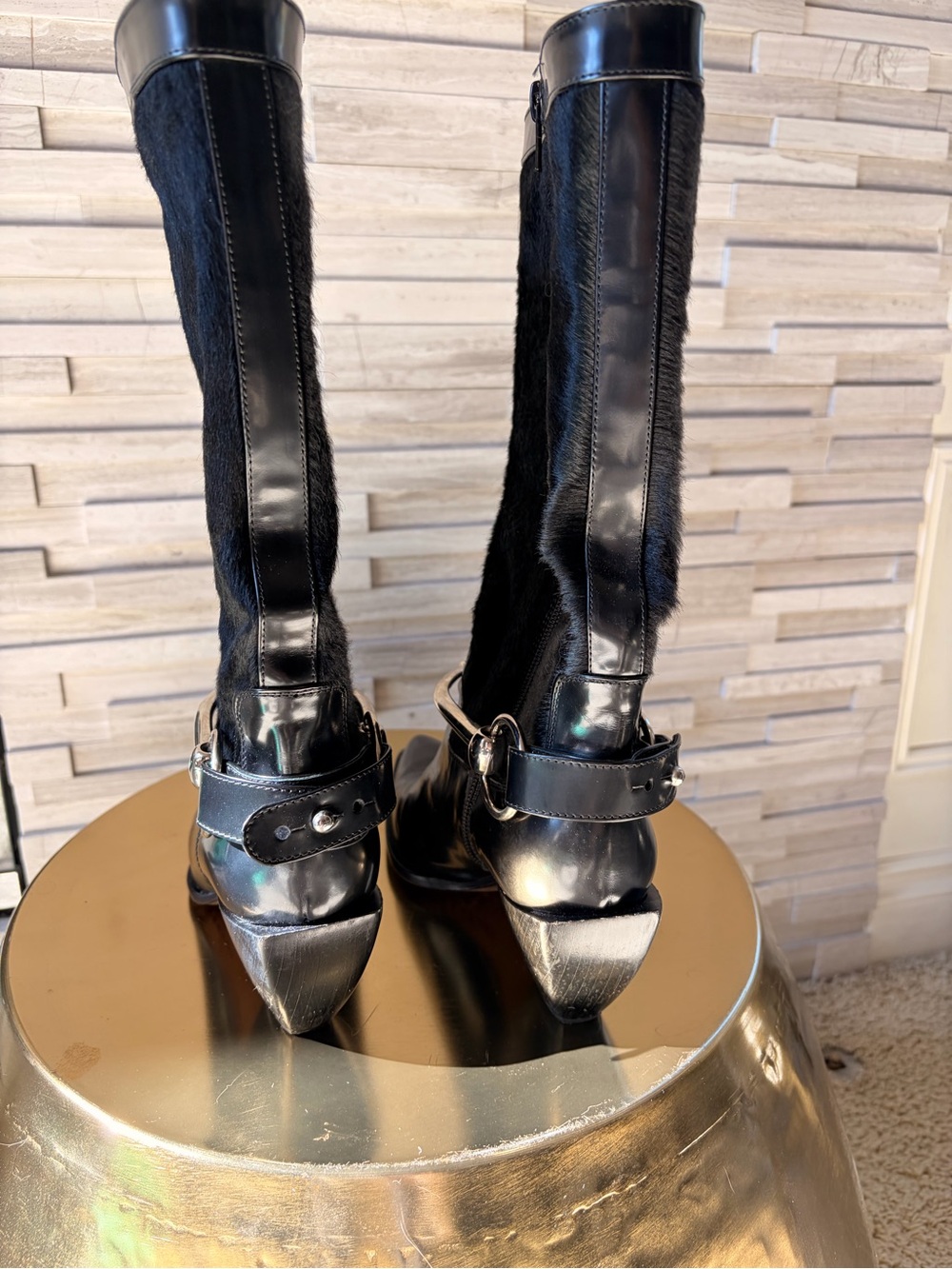 Donald J. Pliner Black Mid-Calf Leather and Cowhide Heeled Boots - Picture 2 of 10